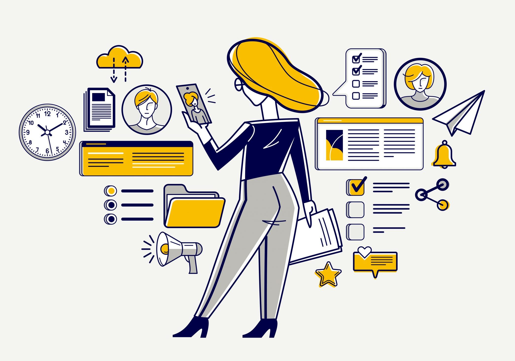Phone working online person doing some job vector outline illustration, smartphone remote virtual working freelancer or a part of coworking team.